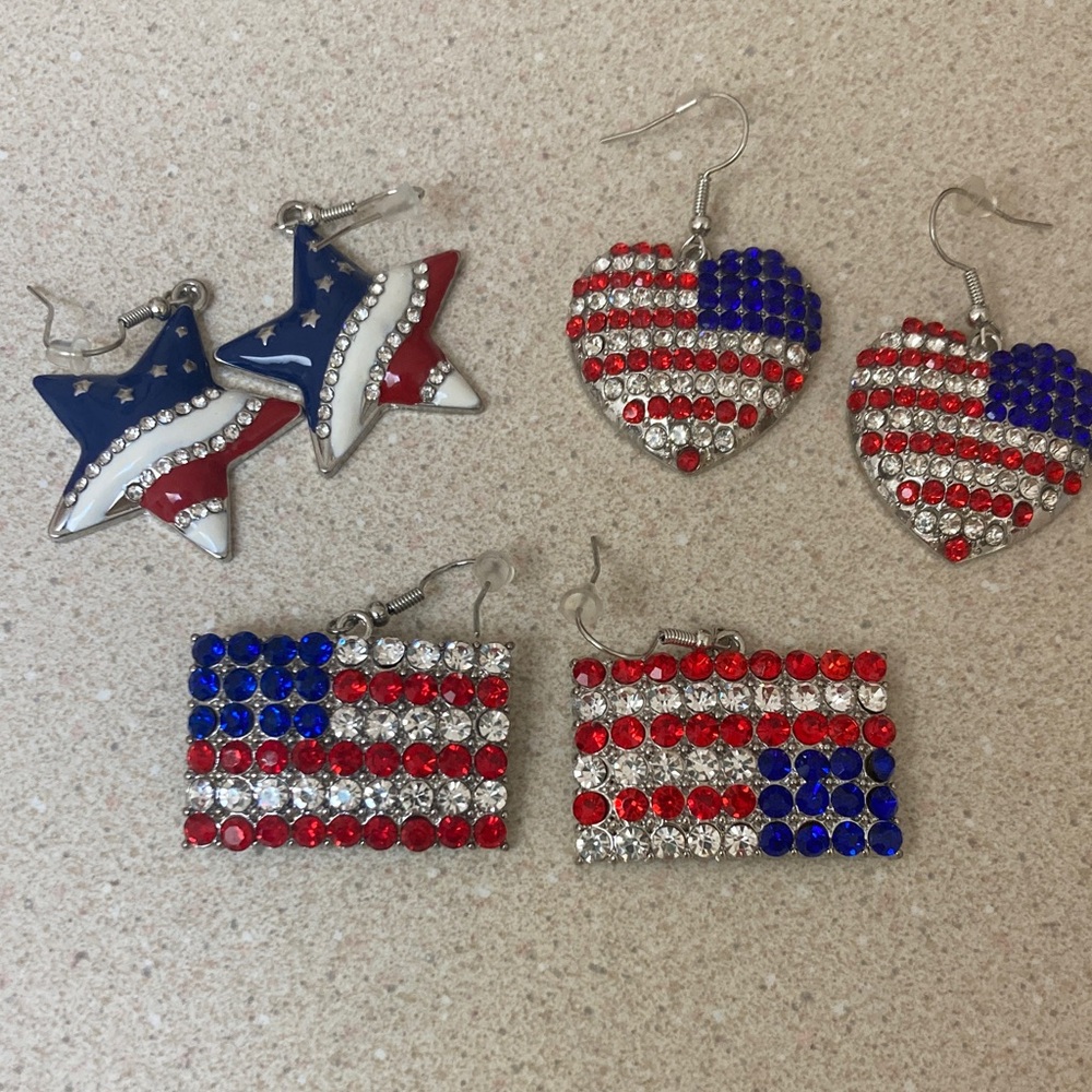 American Flag Earrings (3 pairs) with Rhinestones